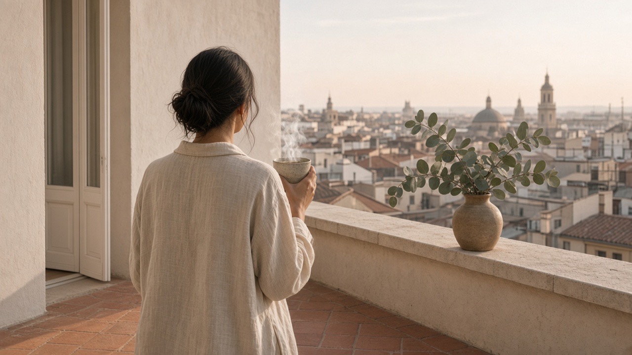 Terraza al sol de la mañana en Albacete, con una taza de infusión humeante