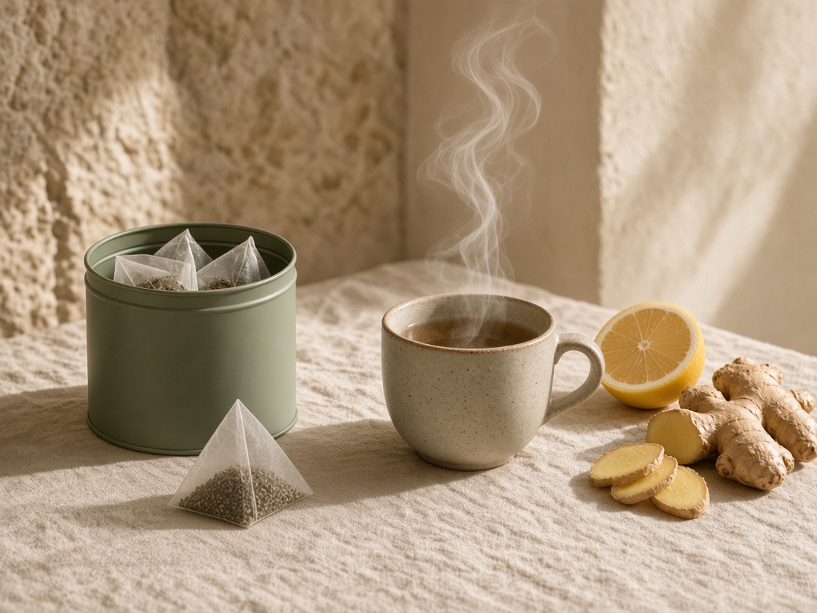 Infusión de limón y jengibre junto a una taza humeante