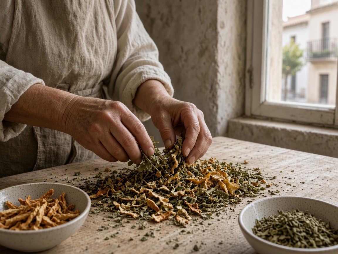 Manos preparando corteza de cítricos y hierbas secas sobre una mesa de madera